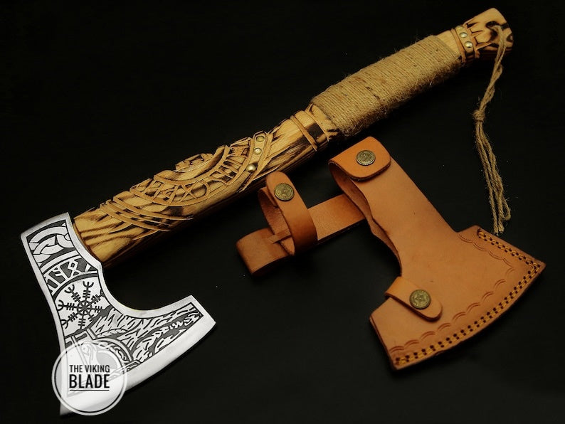 Custom Handmade Carbon Steel Viking Axe With Leather Sheath | The Viking Blade |