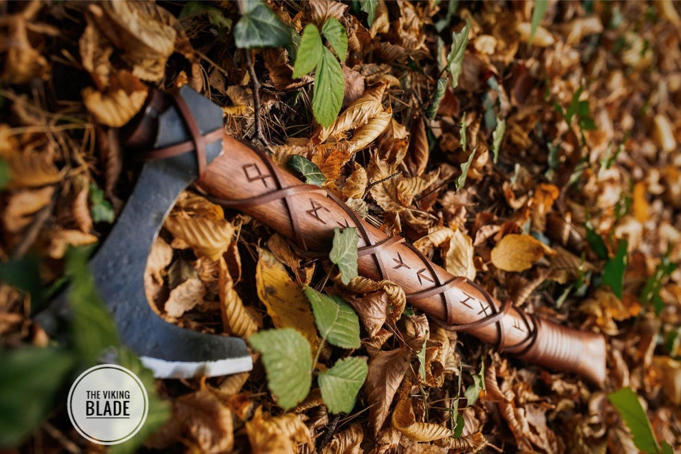 Custom Handmade Carbon Steel Long Bearded Viking Axe Runes Carved On Handle With Leather Sheath |The Viking Blade|