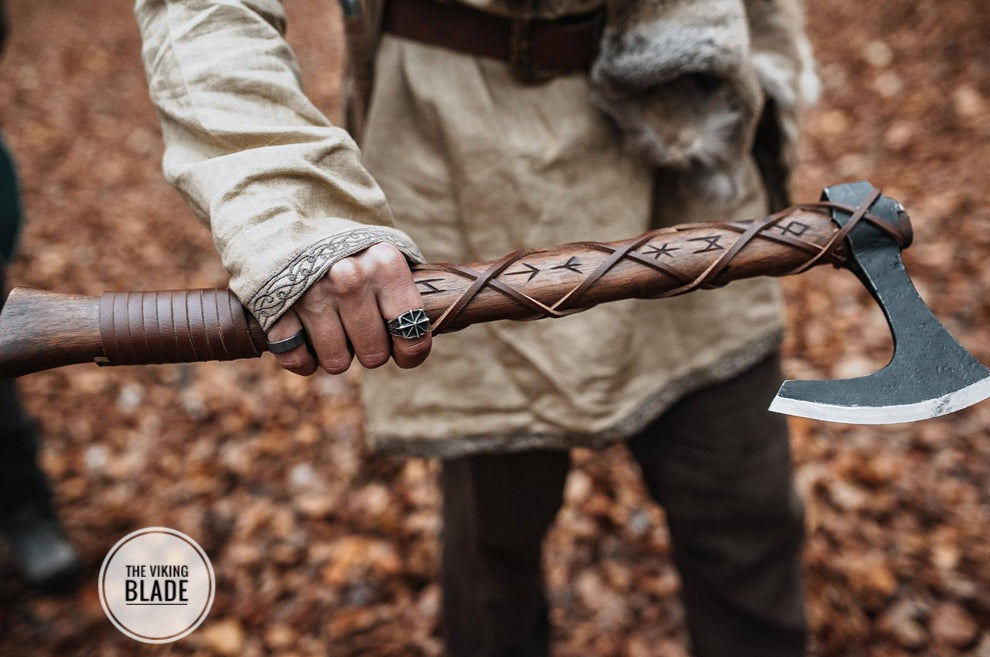 Custom Handmade Carbon Steel Long Bearded Viking Axe Runes Carved On Handle With Leather Sheath |The Viking Blade|