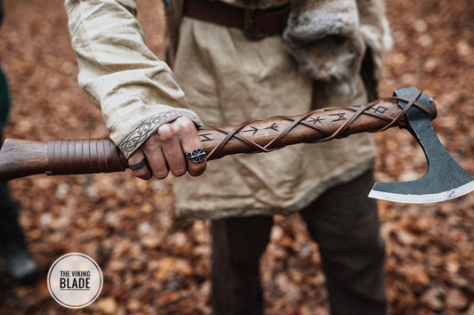 Custom Handmade Carbon Steel Long Bearded Viking Axe Runes Carved On Handle With Leather Sheath |The Viking Blade|