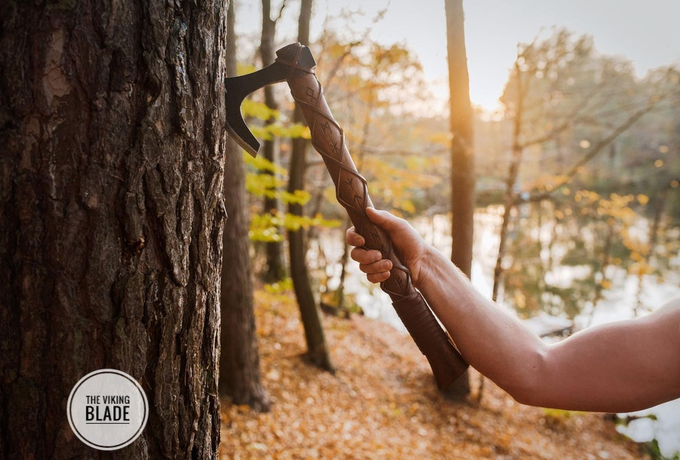 Custom Handmade Carbon Steel Long Bearded Viking Axe Runes Carved On Handle With Leather Sheath |The Viking Blade|