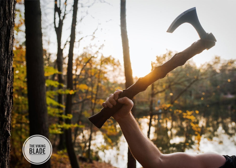 Custom Handmade Carbon Steel Long Bearded Viking Axe Runes Carved On Handle With Leather Sheath |The Viking Blade|