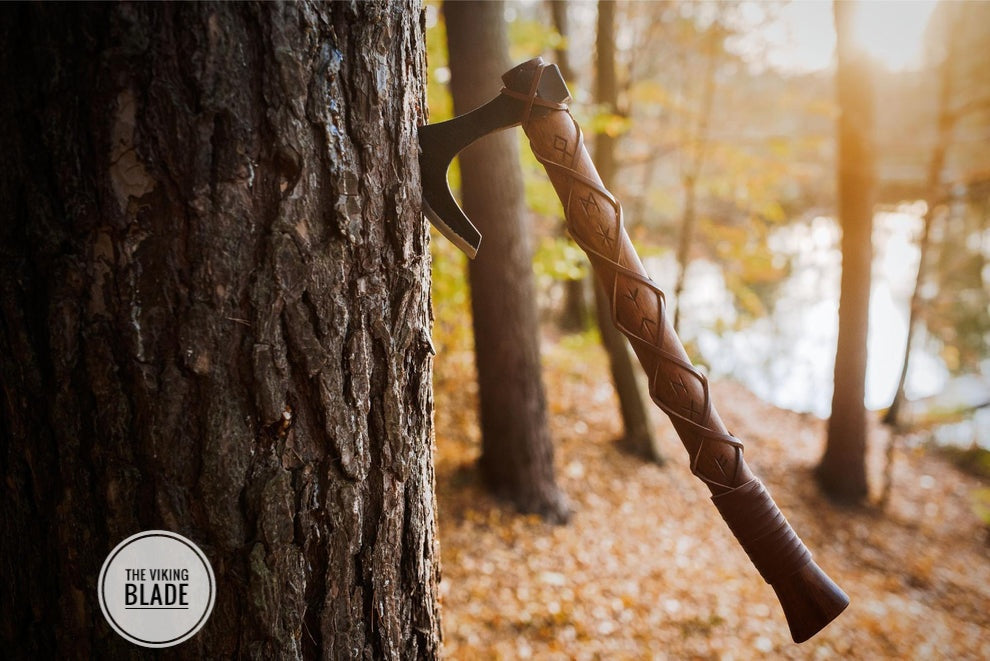 Custom Handmade Carbon Steel Long Bearded Viking Axe Runes Carved On Handle With Leather Sheath |The Viking Blade|