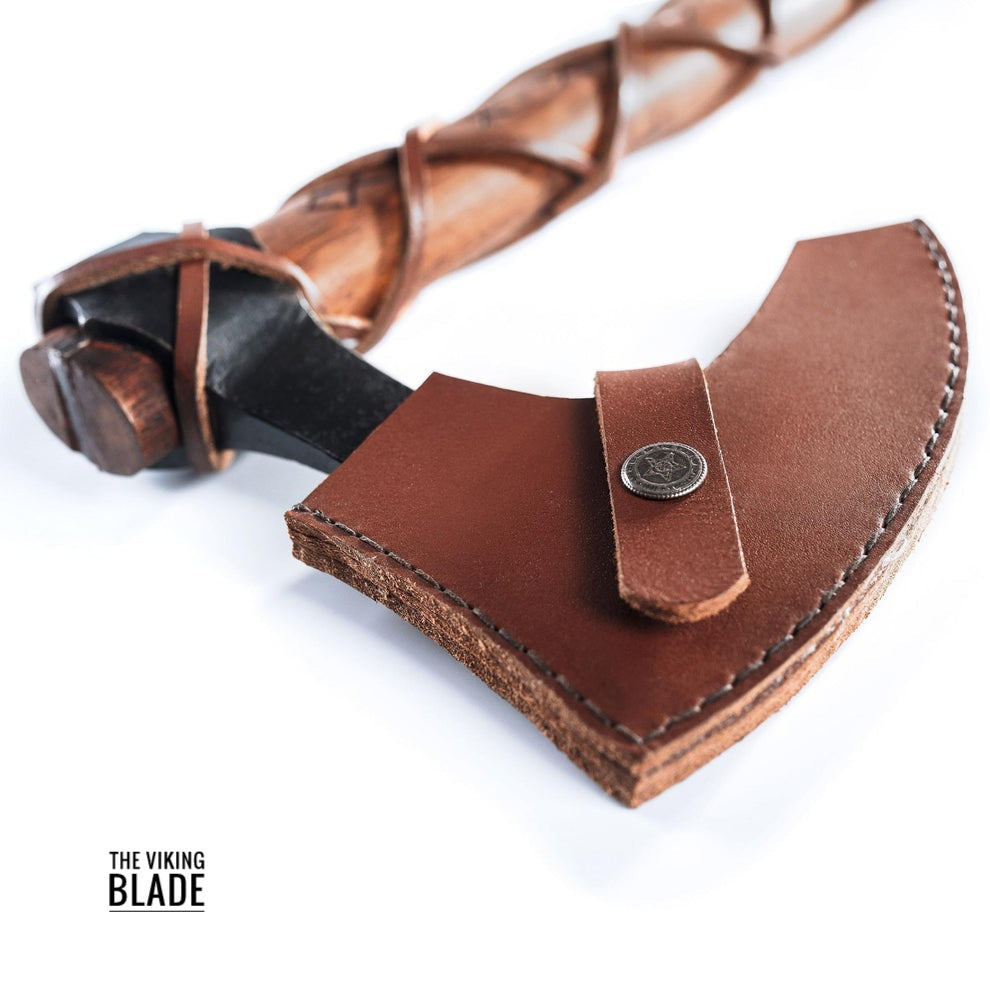 Custom Handmade Carbon Steel Long Bearded Viking Axe Runes Carved On Handle With Leather Sheath |The Viking Blade|