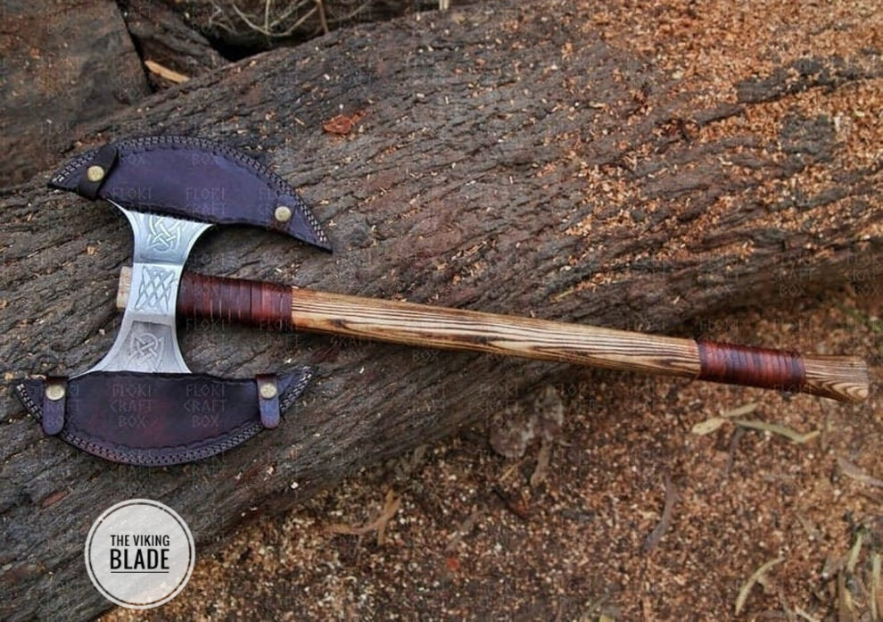 Double Blade With Nurse Pattern Custom Handmade Carbon Steel Viking Axe With Leather Sheath |The Viking Blade|