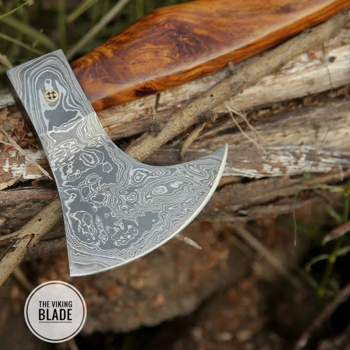 Handmade Damascus Viking Axe The Woodsman Bearded Axe Chopping Axe, Camping Outdoor Hatchet for Wood Splitting and Kindling |The Viking Blade|