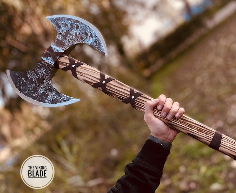 Custom Handmade Double Headed Carbon Steel Axe with Ash Wood Shaft And Scandinavian Axe And Norse Battle Axe With Leather Sheath |The Viking Blade|