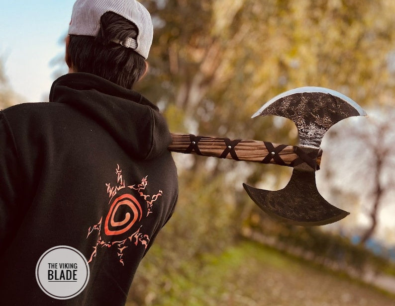 Custom Handmade Double Headed Carbon Steel Axe with Ash Wood Shaft And Scandinavian Axe And Norse Battle Axe With Leather Sheath |The Viking Blade|
