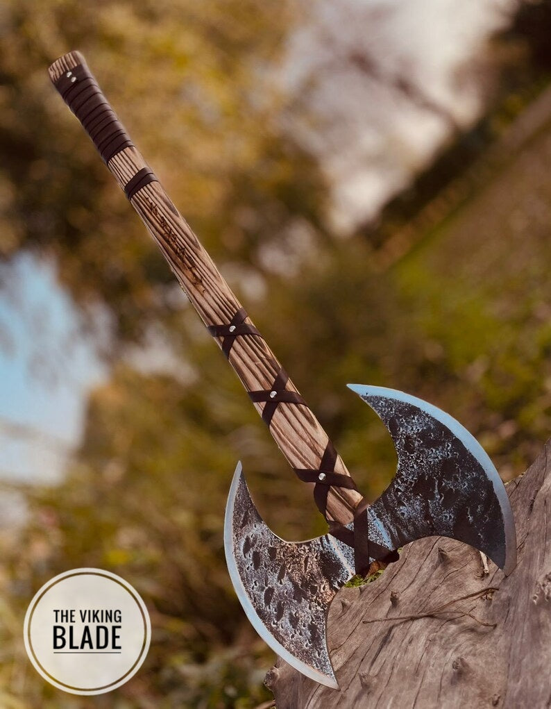 Custom Handmade Double Headed Carbon Steel Axe with Ash Wood Shaft And Scandinavian Axe And Norse Battle Axe With Leather Sheath |The Viking Blade|