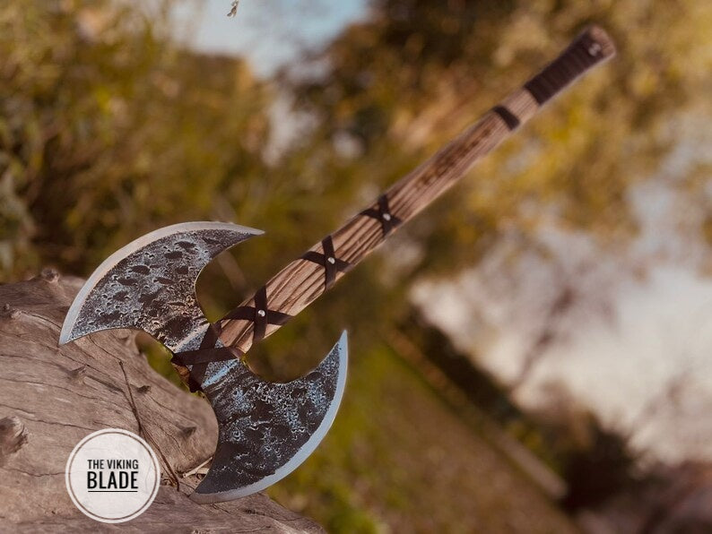 Custom Handmade Double Headed Carbon Steel Axe with Ash Wood Shaft And Scandinavian Axe And Norse Battle Axe With Leather Sheath |The Viking Blade|