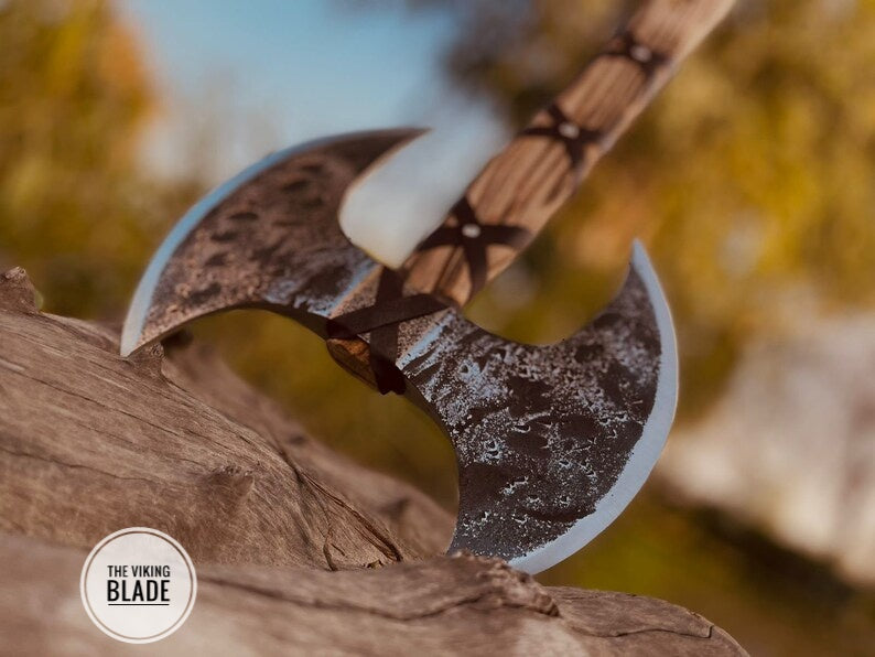Custom Handmade Double Headed Carbon Steel Axe with Ash Wood Shaft And Scandinavian Axe And Norse Battle Axe With Leather Sheath |The Viking Blade|