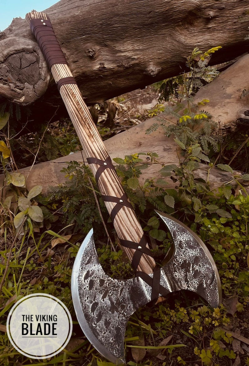 Custom Handmade Double Headed Carbon Steel Axe with Ash Wood Shaft And Scandinavian Axe And Norse Battle Axe With Leather Sheath |The Viking Blade|
