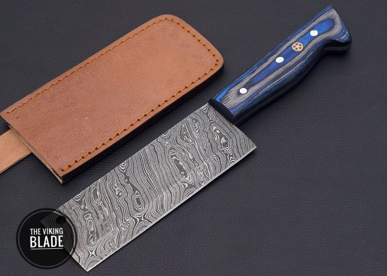 10" Custom Handmade Damascus Steel Cleaver, chopping Mincing Chopper Knife With Blue Wood Handle With Genuine Leather Sheath