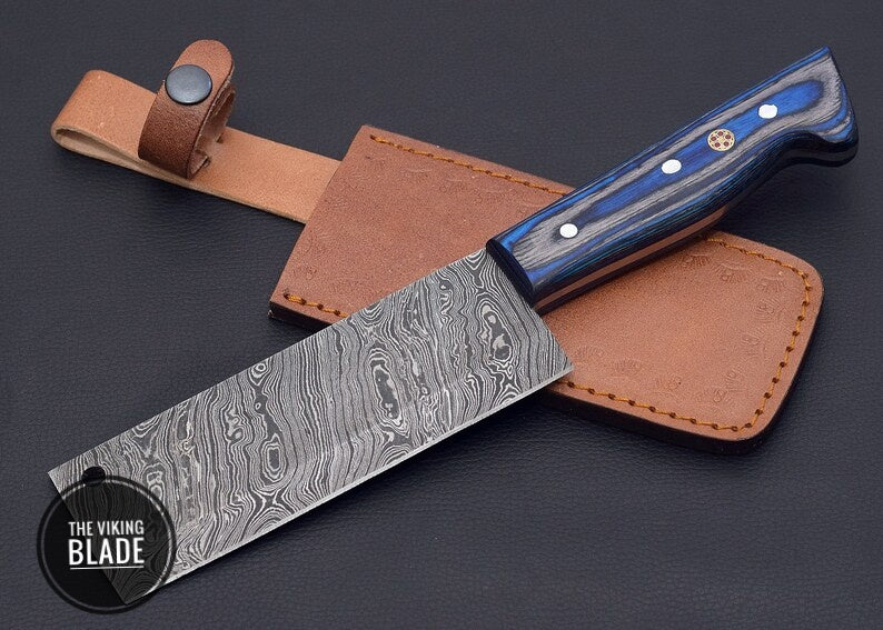 10" Custom Handmade Damascus Steel Cleaver, chopping Mincing Chopper Knife With Blue Wood Handle With Genuine Leather Sheath