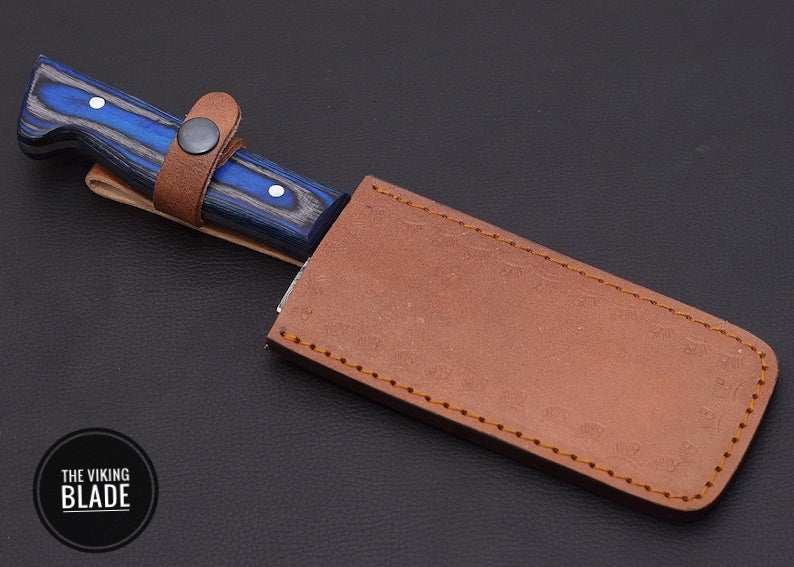 10" Custom Handmade Damascus Steel Cleaver, chopping Mincing Chopper Knife With Blue Wood Handle With Genuine Leather Sheath