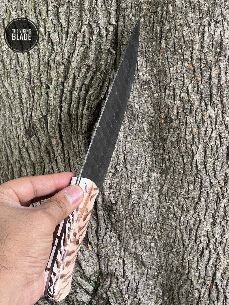 Handmade Damascus Steel Chef Knife Kitchen Fillet Boning Pinecone Handle Comes With Genuine Leather Sheath