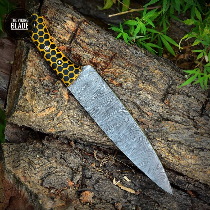Custom Handmade Damascus Steel Chef Knife Kitchen Utility Knife Resin Handle Comes With Genuine Leather Sheath