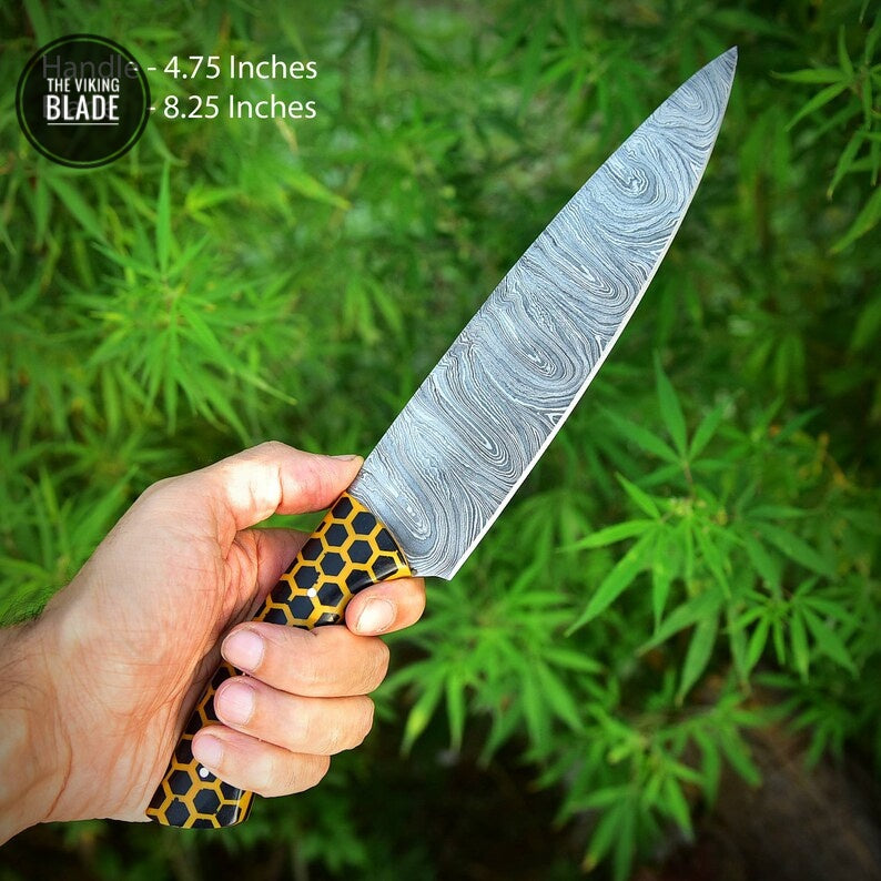 Custom Handmade Damascus Steel Chef Knife Kitchen Utility Knife Resin Handle Comes With Genuine Leather Sheath