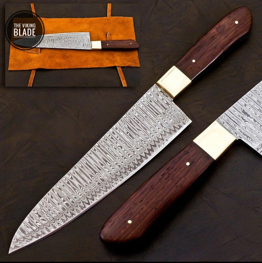 Handmade Damascus Chef Knife Hand Forged Japanese Gyuto Kitchen Knife With Leather Roll Kit