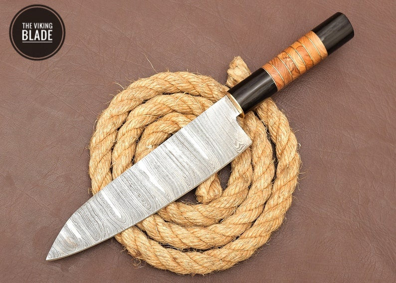Custom Handmade Damascus Steel Chef Kitchen Knife With Leather Sheath
