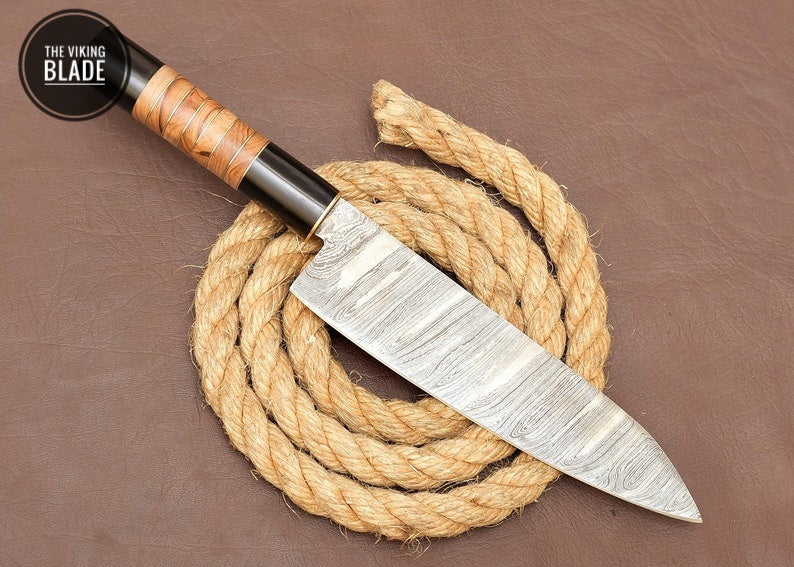Custom Handmade Damascus Steel Chef Kitchen Knife With Leather Sheath
