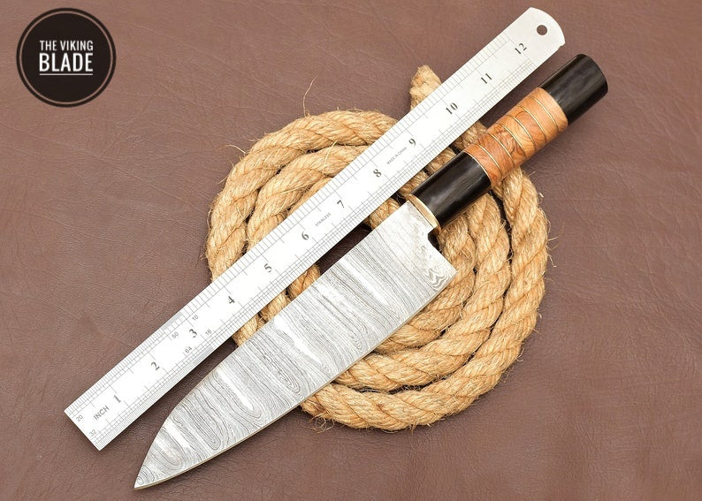 Custom Handmade Damascus Steel Chef Kitchen Knife With Leather Sheath
