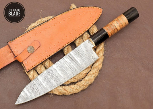 Custom Handmade Damascus Steel Chef Kitchen Knife With Leather Sheath