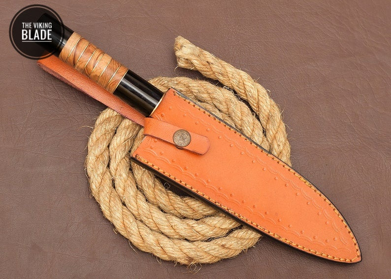 Custom Handmade Damascus Steel Chef Kitchen Knife With Leather Sheath