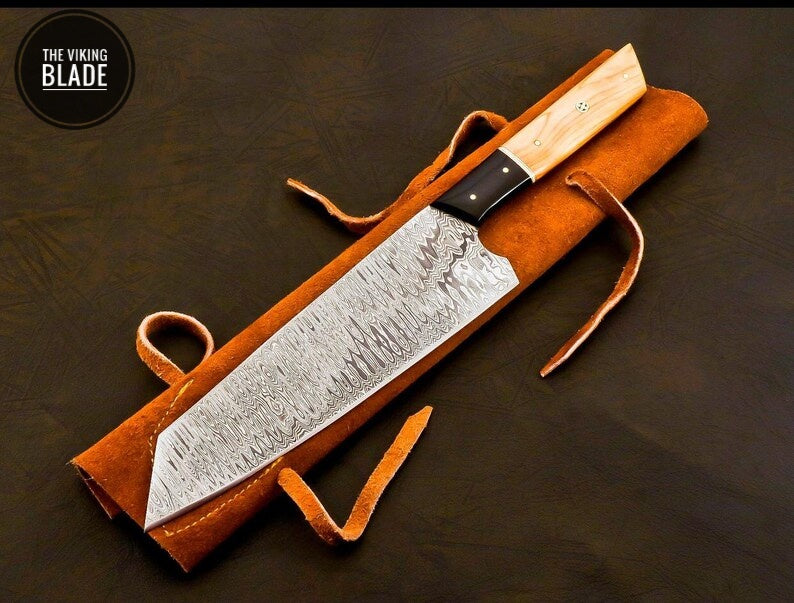 Handmade Damascus Chef Knife Hand Forged Japanese Bunka Kitchen Knife With Leather Roll Kit