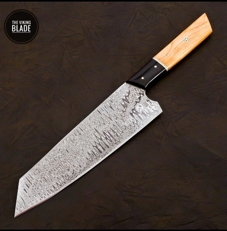 Handmade Damascus Chef Knife Hand Forged Japanese Bunka Kitchen Knife With Leather Roll Kit