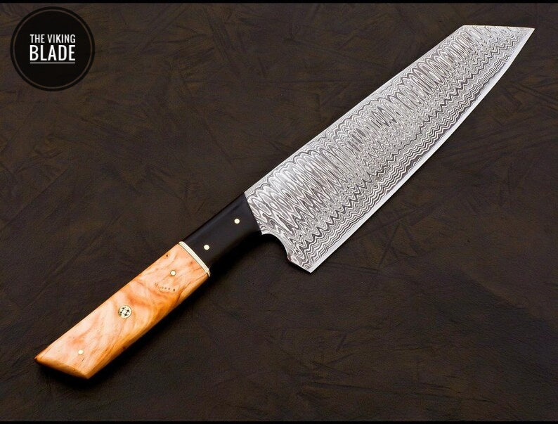 Handmade Damascus Chef Knife Hand Forged Japanese Bunka Kitchen Knife With Leather Roll Kit