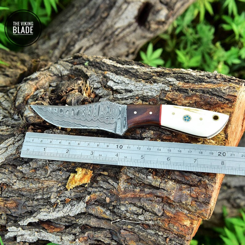 Damascus Hunting Tracker Bowie Fixed Blade Knife Full Tang SURVIVAL EDC Comes with Genuine Leather Sheath