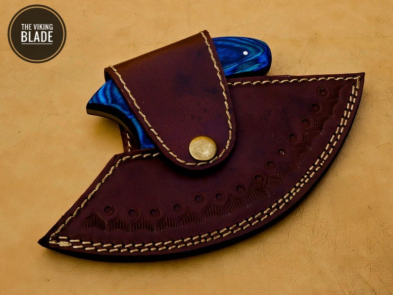 Handmade Damascus Chef Kitchen Ulu Knife Chef Knife Heavy Duty Damascus Handle Blue Koa Wood with Leather Sheeth