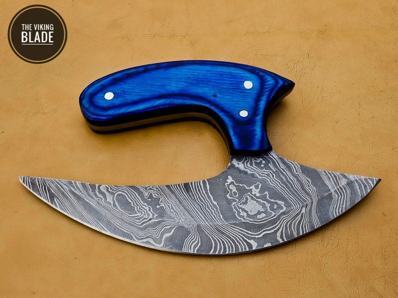 Handmade Damascus Chef Kitchen Ulu Knife Chef Knife Heavy Duty Damascus Handle Blue Koa Wood with Leather Sheeth