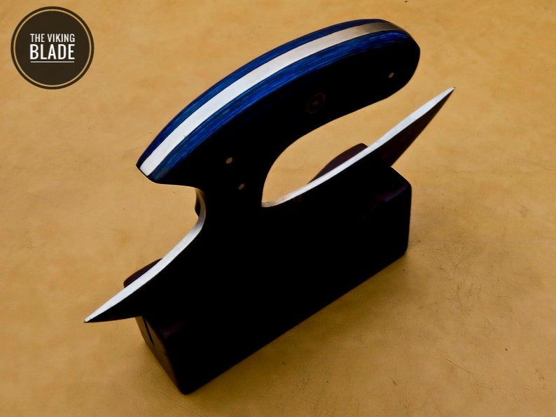 Handmade Damascus Chef Kitchen Ulu Knife Chef Knife Heavy Duty Damascus Handle Blue Koa Wood with Leather Sheeth