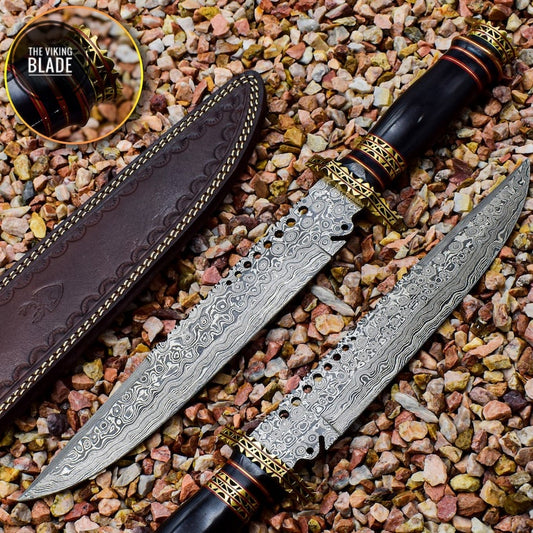 Handmade Damascus Steel Hunting and Camping Knife Buffalo Horn Handle With Leather Sheath