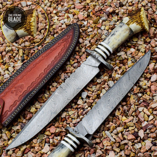 Handmade Damascus Steel Knife with Stag Antlers Crown Handle With Leather Sheath