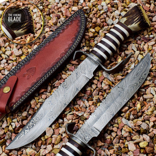 Custom Made Damascus Steel Bowie with Stag Antlers Crown Handle With Genuine Leather Sheath