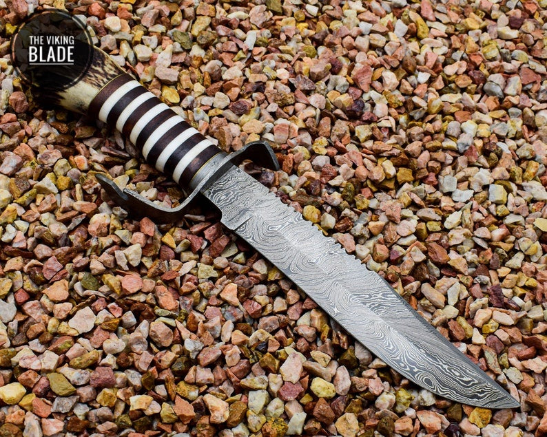Custom Made Damascus Steel Bowie with Stag Antlers Crown Handle With Genuine Leather Sheath