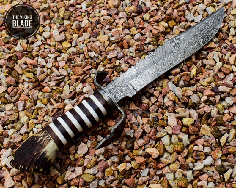 Custom Made Damascus Steel Bowie with Stag Antlers Crown Handle With Genuine Leather Sheath