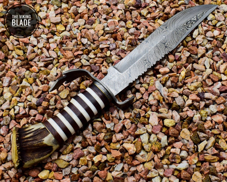Custom Made Damascus Steel Bowie with Stag Antlers Crown Handle With Genuine Leather Sheath
