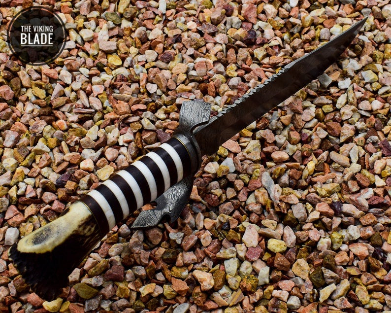 Custom Made Damascus Steel Bowie with Stag Antlers Crown Handle With Genuine Leather Sheath