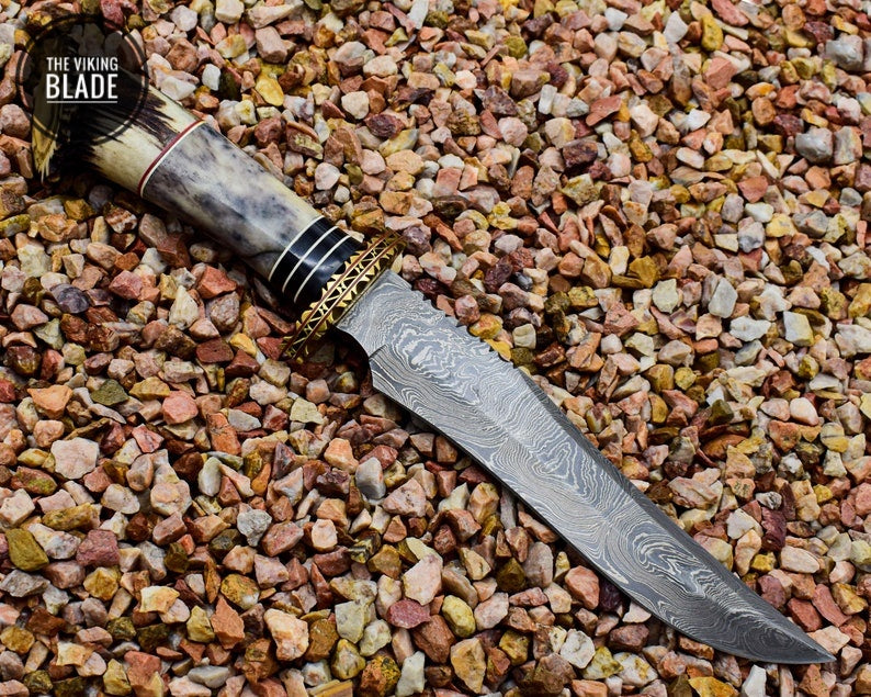 Stag Antlers Crown Handle Handmade Damascus Steel Knife with Free Leather Sheath