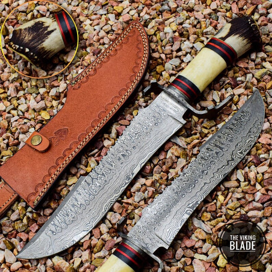 USA Handmade Damascus Steel Bowie with Stag Antlers Crown Handle Christmas Gift for Her