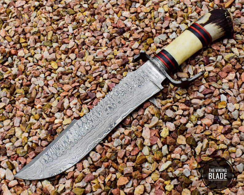 USA Handmade Damascus Steel Bowie with Stag Antlers Crown Handle Christmas Gift for Her