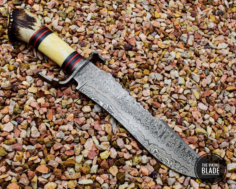 USA Handmade Damascus Steel Bowie with Stag Antlers Crown Handle Christmas Gift for Her