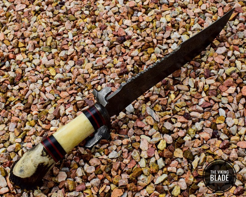 USA Handmade Damascus Steel Bowie with Stag Antlers Crown Handle Christmas Gift for Her