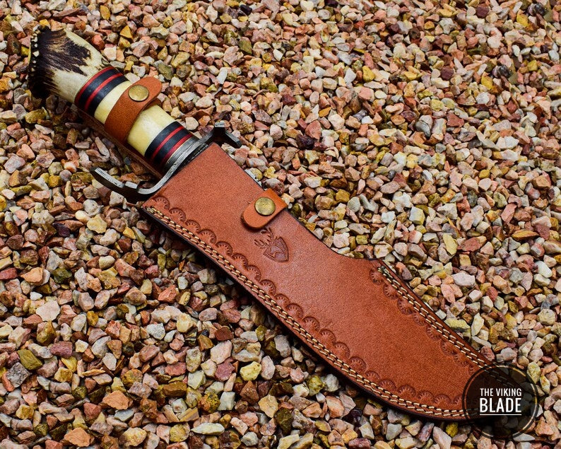 USA Handmade Damascus Steel Bowie with Stag Antlers Crown Handle Christmas Gift for Her