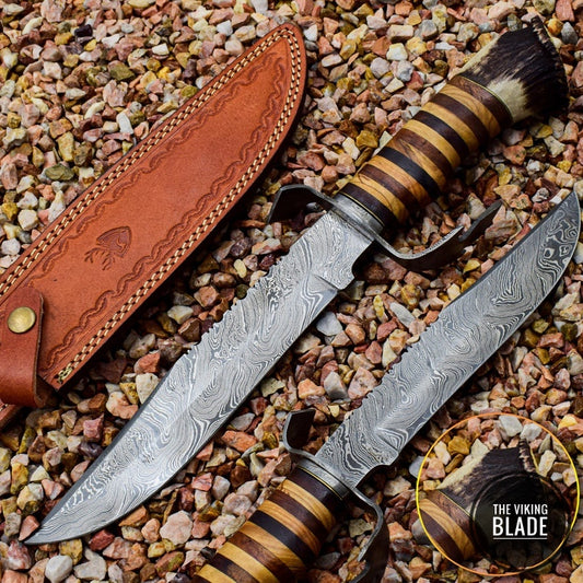 Handmade Damascus Steel Knife with Stag Antlers Crown Handle Christmas Gift for Dad, Gift for Boyfriend