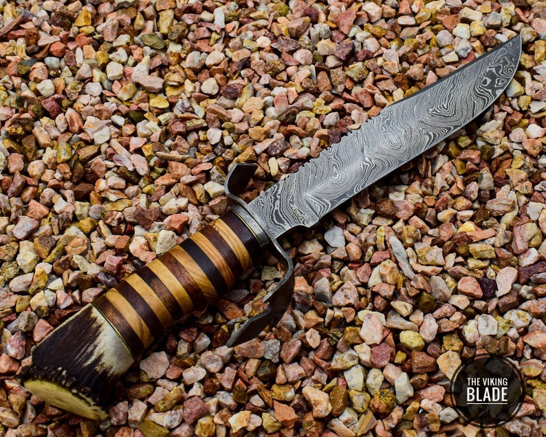 Handmade Damascus Steel Knife with Stag Antlers Crown Handle Christmas Gift for Dad, Gift for Boyfriend